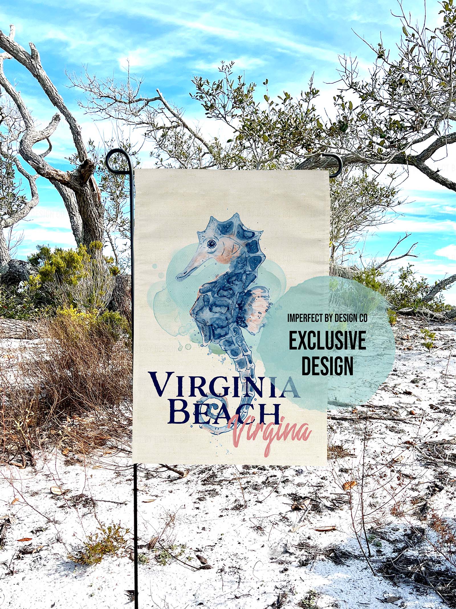 Decorative garden flag  with customizable text and a blue seahorse. Flag reads 'Virginia Beach, Virginia' text, set against a natural background. Customize this exclusive design with your city and state | imperfect by design co 