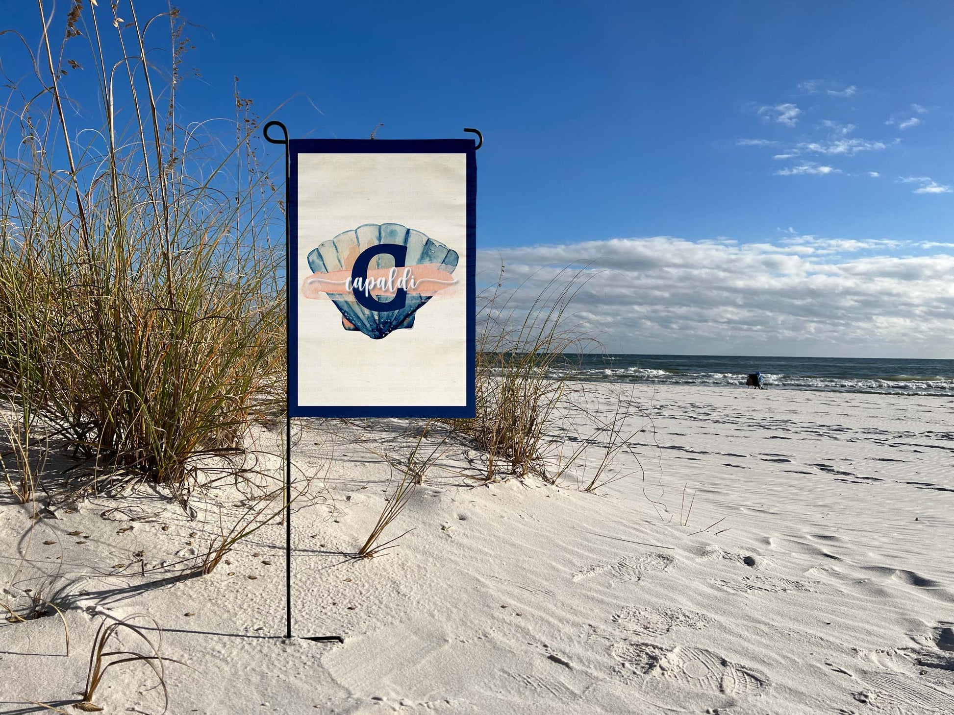 Coastal-inspired scallop seashell garden flag with dark blue border | imperfect by design co