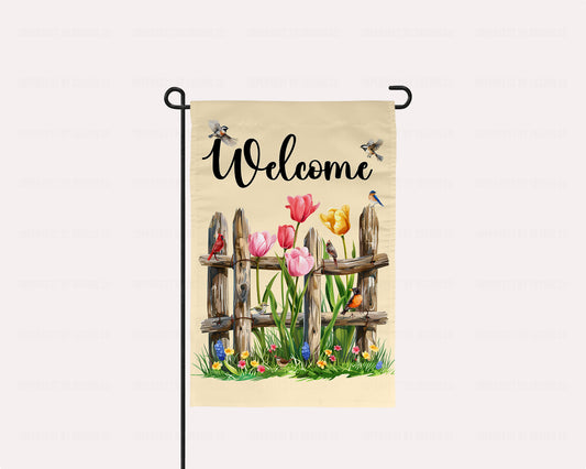 Garden Flag Featuring A Rustic Fence Surrounded By Flowers And Birds, Welcome To Our Garden