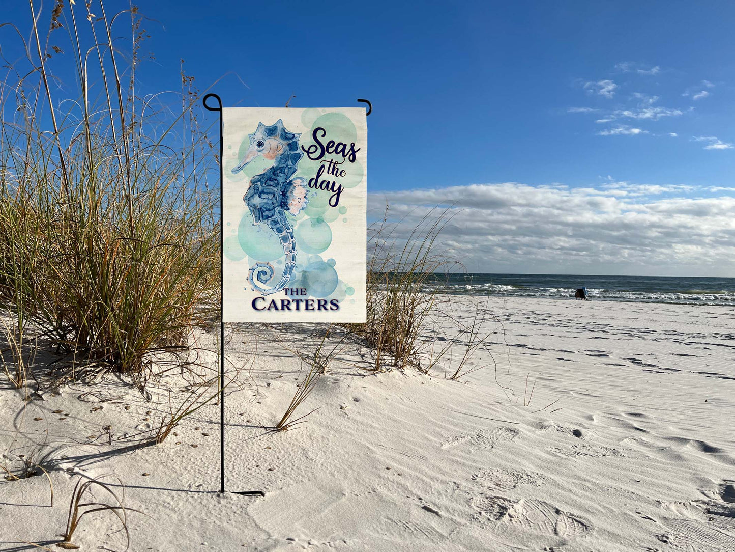 "Seas the day" water color seahorse customized with family name at the beach | imperfect by design co 