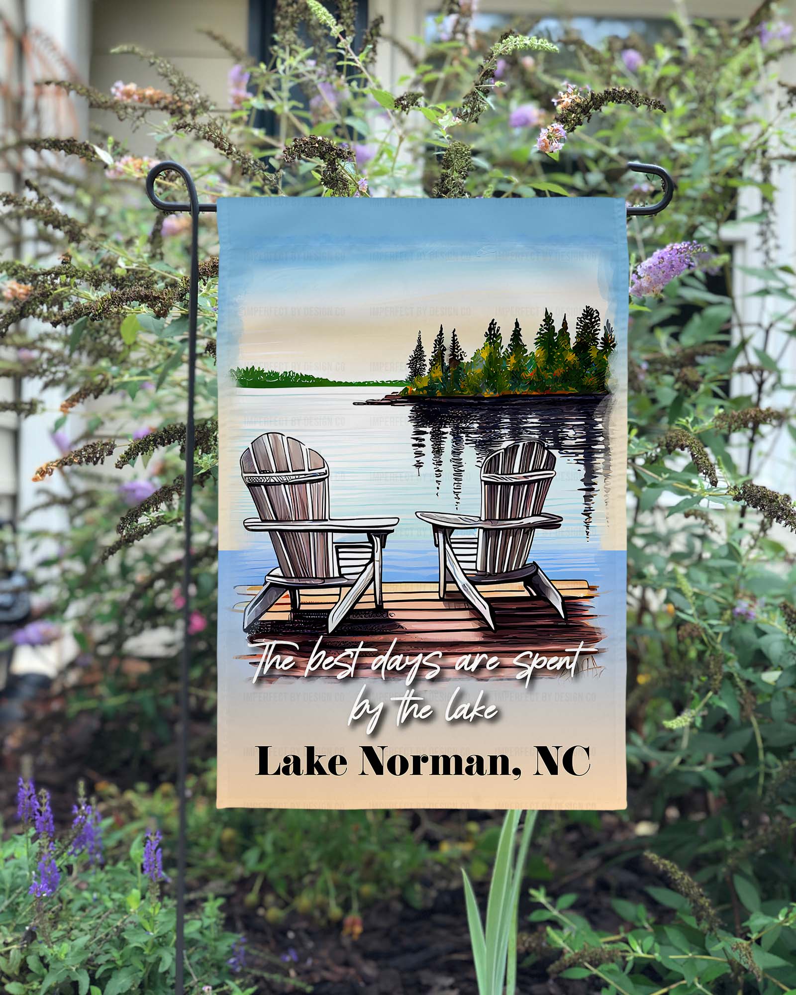 Vibrant outdoor flag with "The best days are spent by the lake" phrase and customized details | imperfect by design co