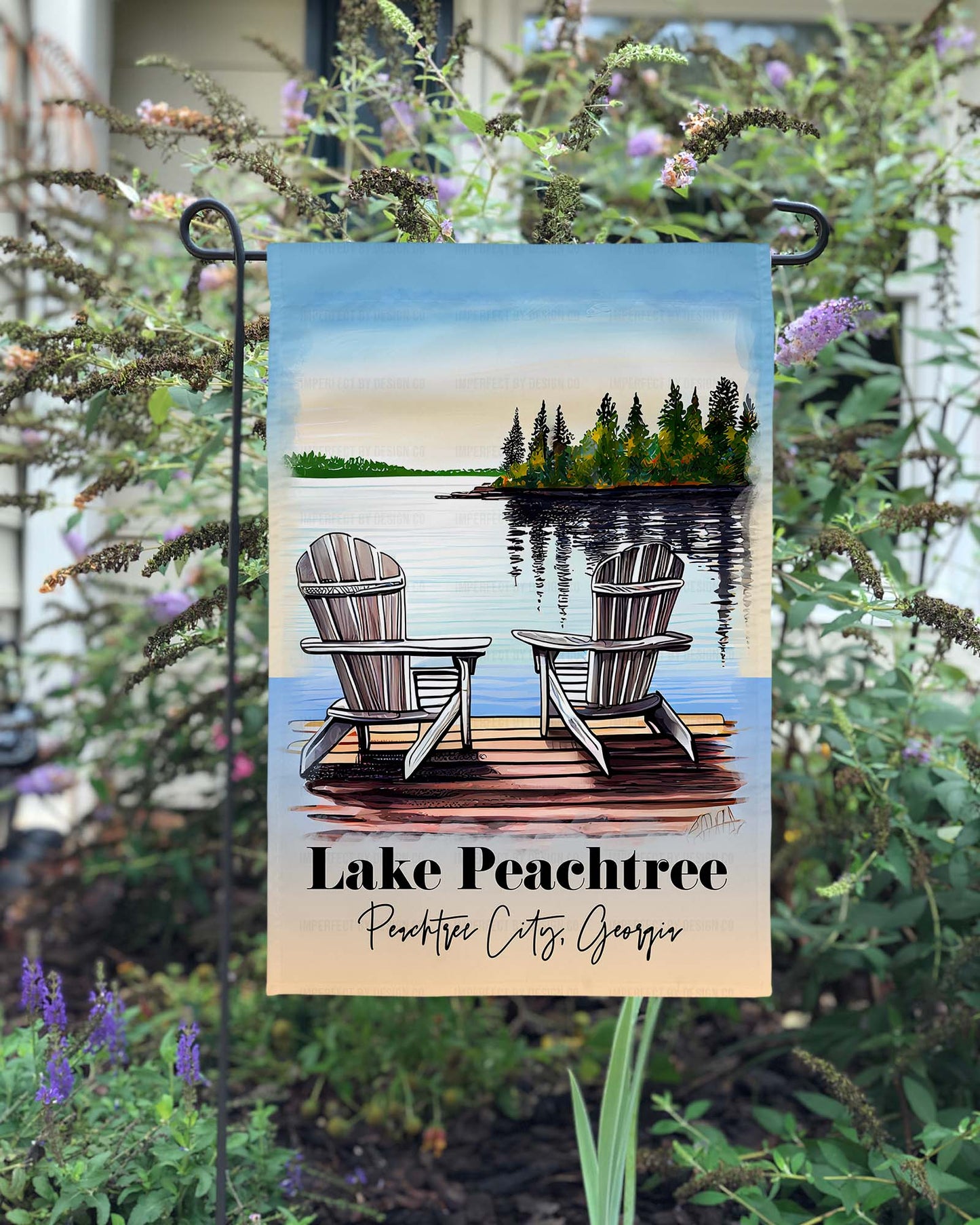 Customizable hometown pride flag featuring anaconda chairs and a picturesque lake view | imperfect by design co