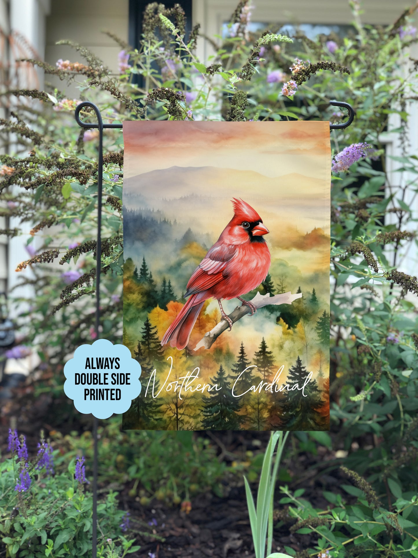 Garden Flag Featuring Male Northern Cardinal In Fall Forest Scene