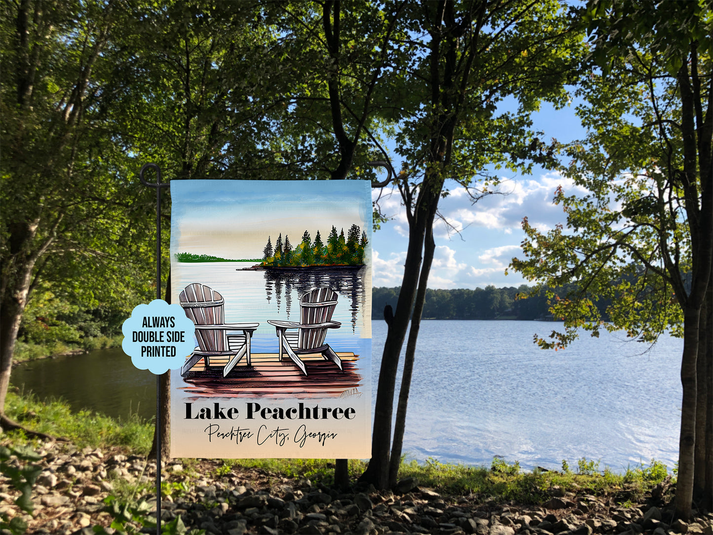 Personalized "Lake Side Serenity" City & State - Garden Flag