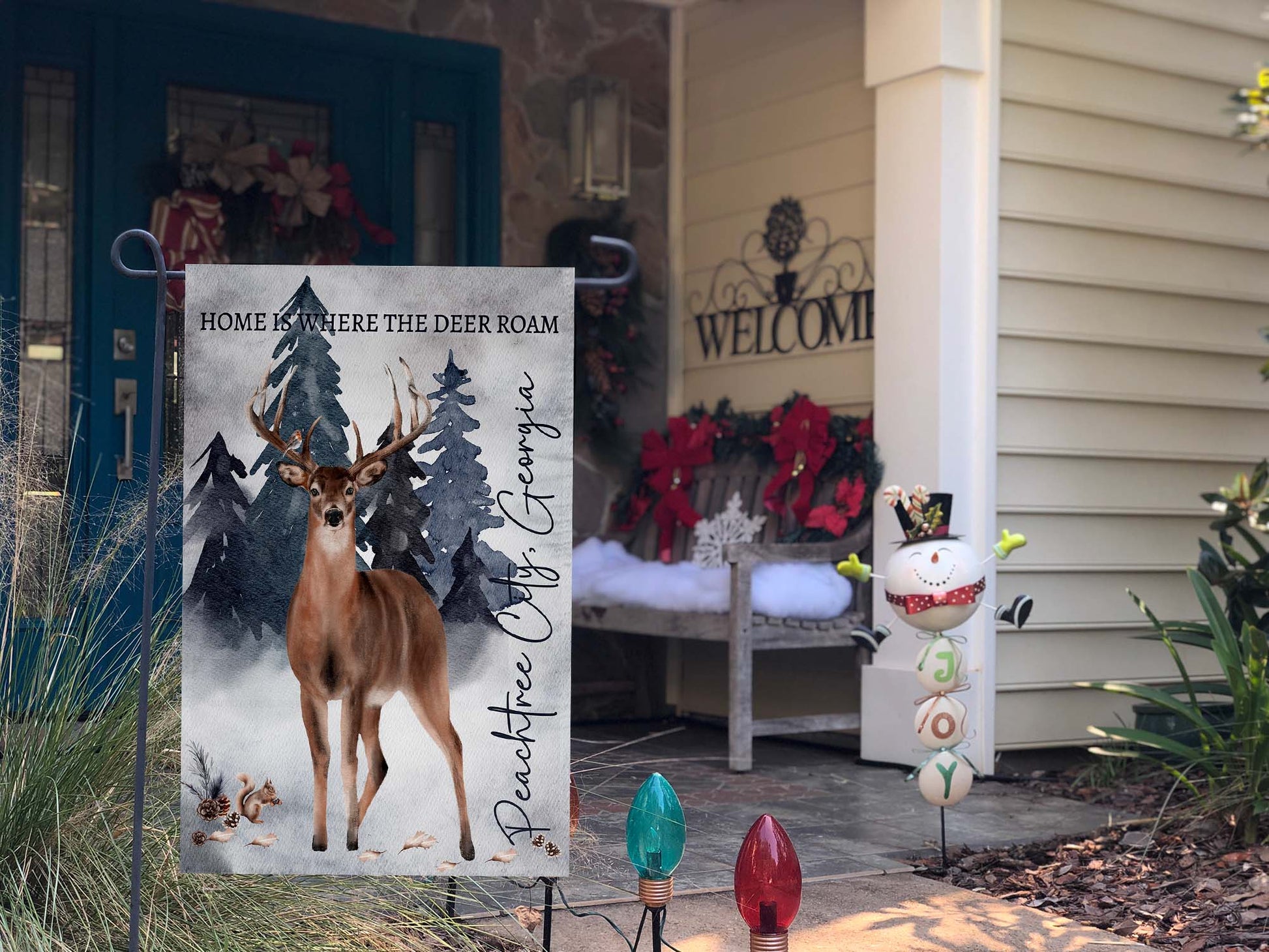 Garden Flag featuring Regal whitetail buck in a winter pine forest garden flag, personalized with your City and State in Winter Setting | imperfect by design co