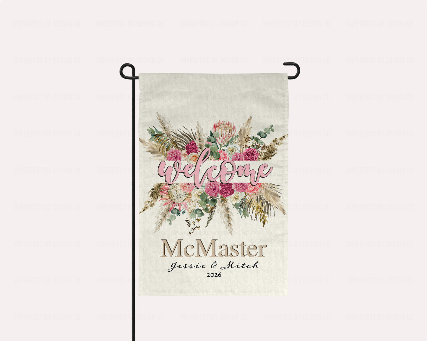 Personalized 12x18 inch Boho Chic Garden Flag featuring split floral design, center of design reads welcome. Bottom of flag is personalized with last name as well as two first names.  | imperfect by design co exclusive design