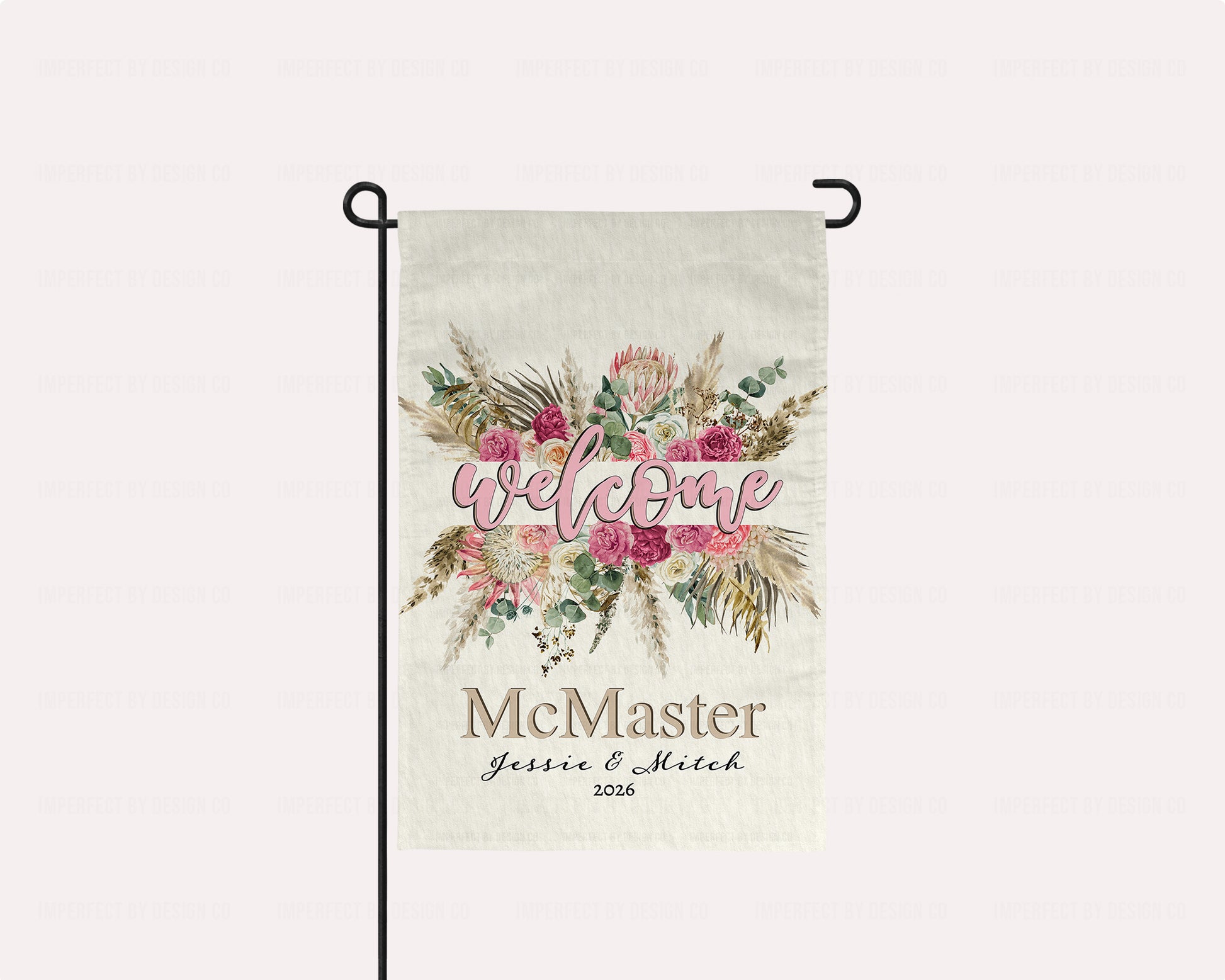 Personalized 12x18 inch Boho Chic Garden Flag featuring split floral design, center of design reads welcome. Bottom of flag is personalized with last name as well as two first names.  | imperfect by design co exclusive design