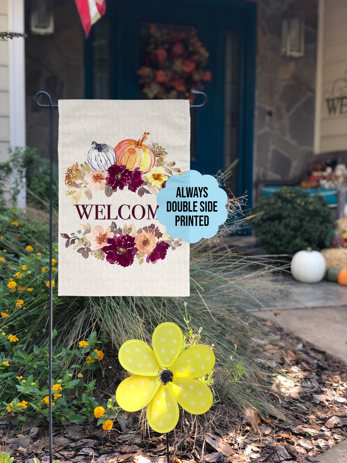 Welcome - Pumpkins & Fall Flowers - Garden Flag