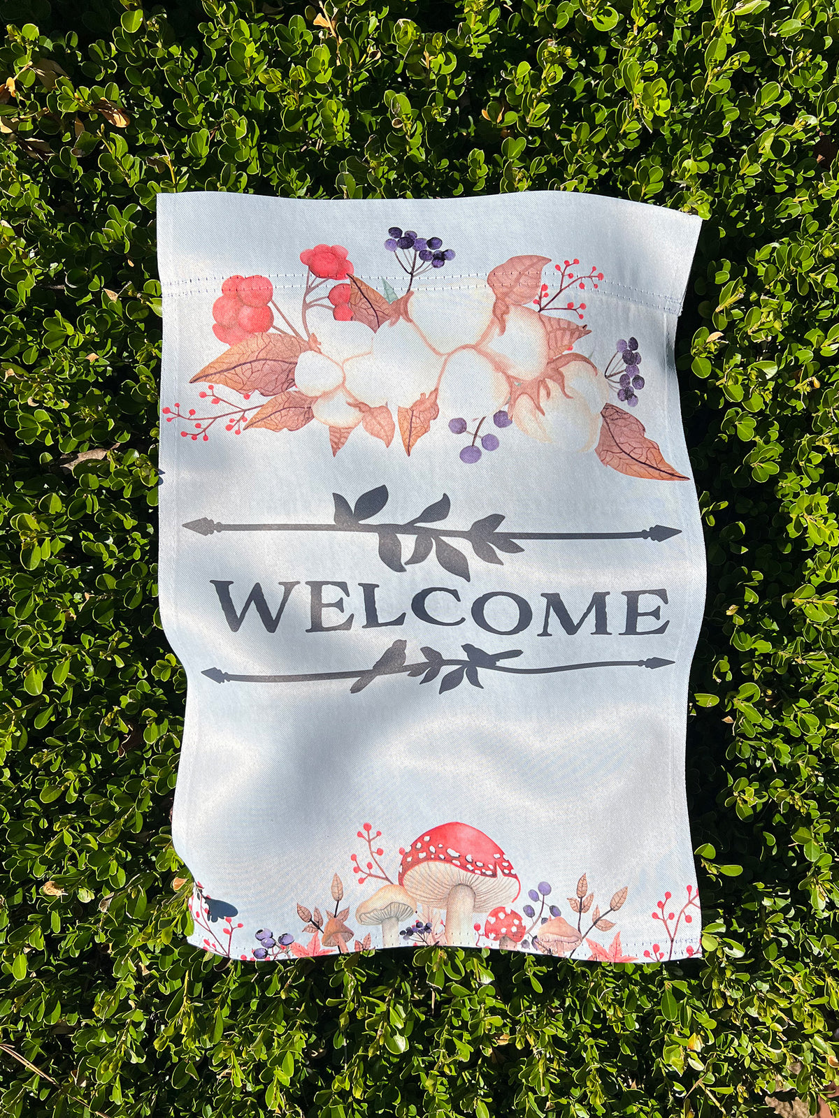 "Welcome" Autumn Mushrooms & Foliage - Garden Flag