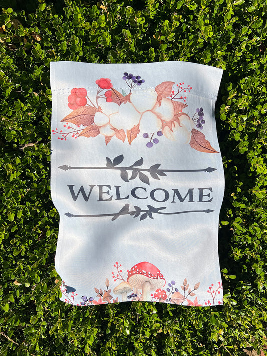 "Welcome" Autumn Mushrooms & Foliage - Garden Flag