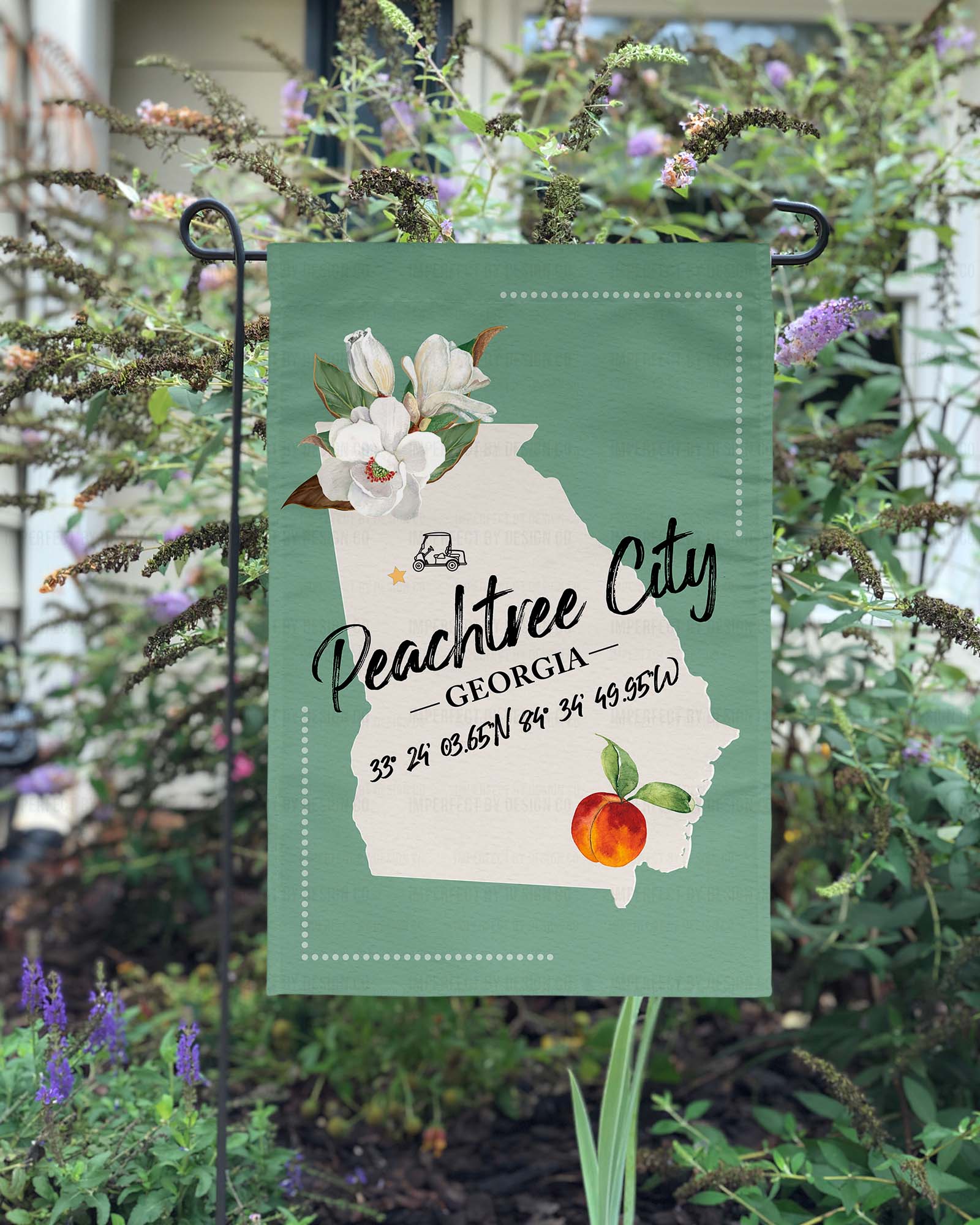 Sage green outdoor flag showcasing Peachtree City Georgia with  peach, and golf cart accents | imperfect by design co