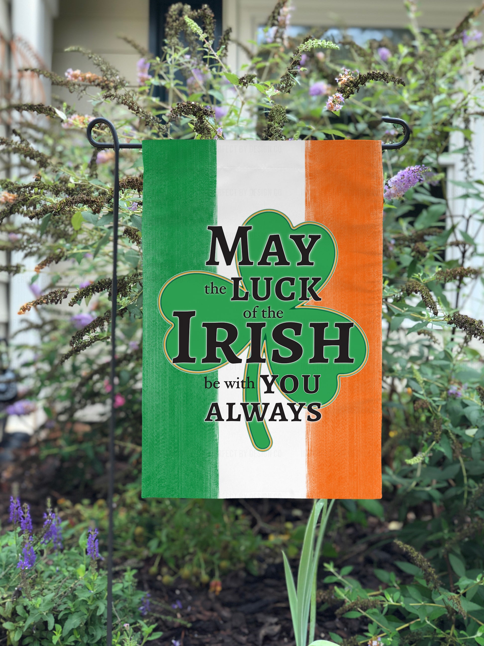 Close-up of the bold green shamrock on a 12x18-inch St. Patrick’s Day garden flag.