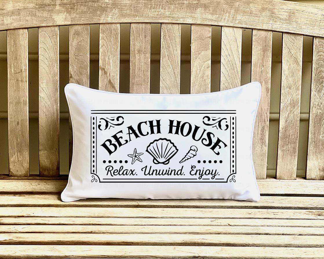 12x20 Indoor-Outdoor Coastal Pillow Cover with Seashell Design and "BEACH HOUSE" Text | imperfect by design co