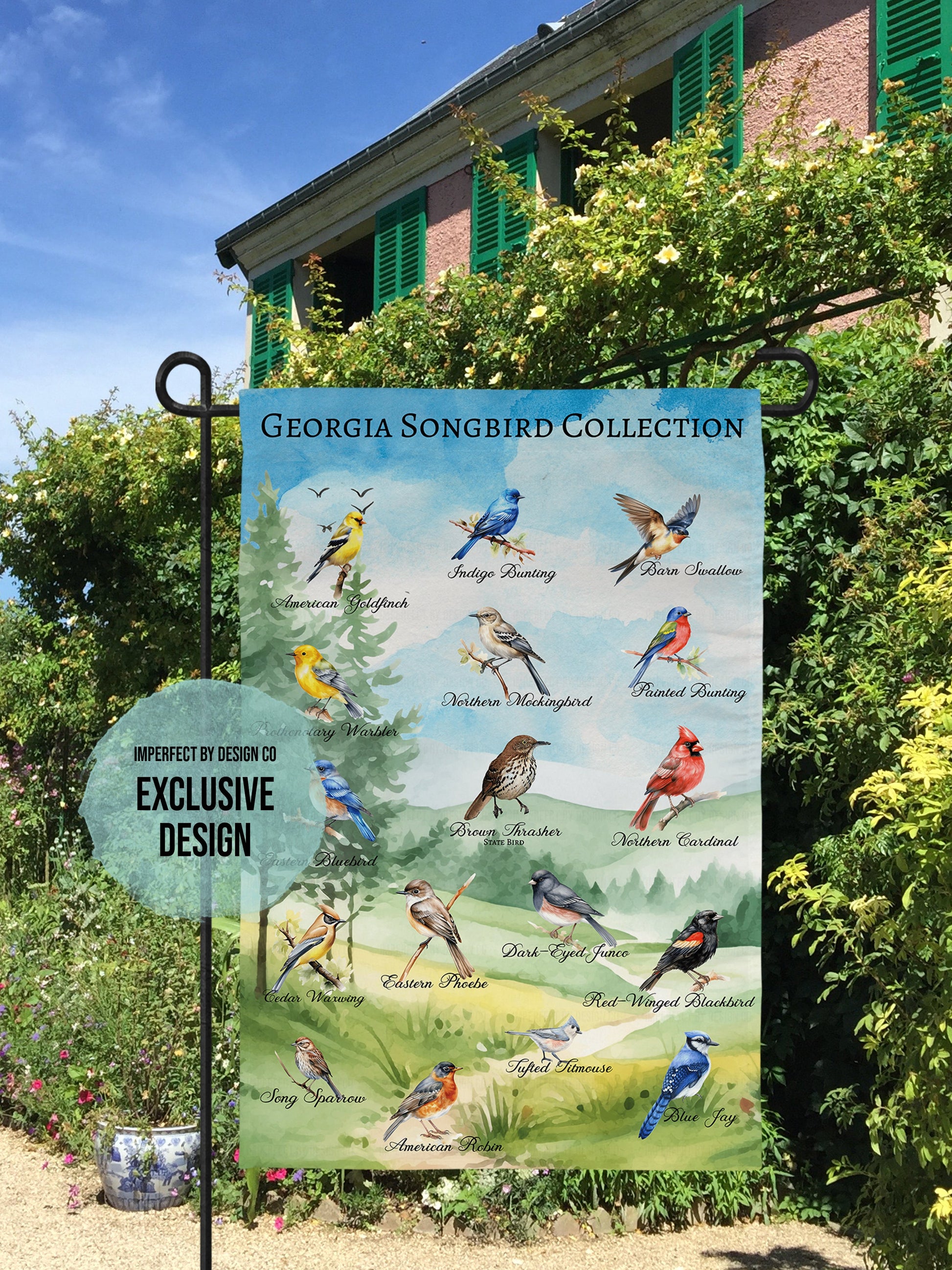 Georgia Songbird Collection garden flag displayed outdoors on a flagpole.
