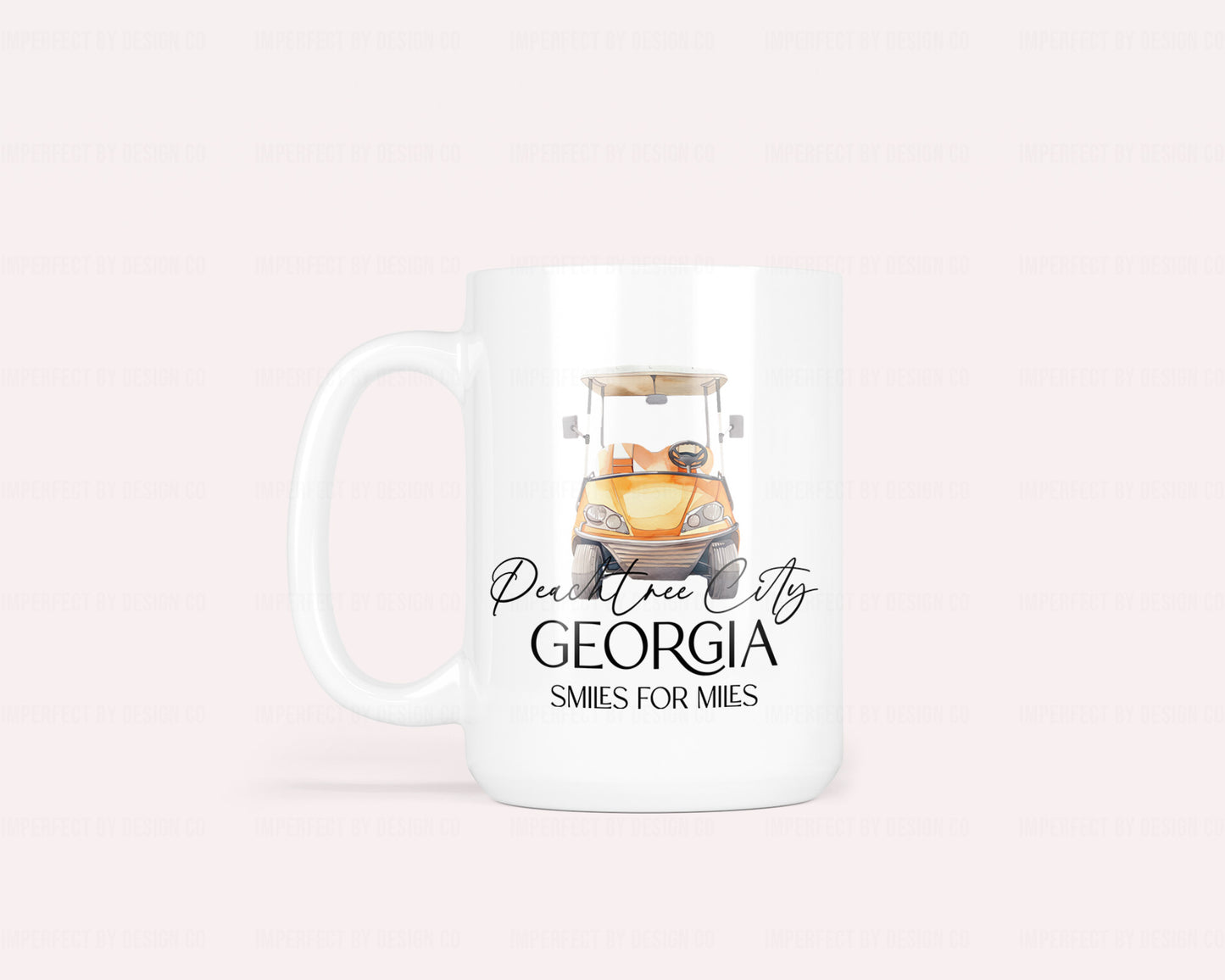 15oz Ceramic Coffee Mug - Golf Cart & Script "Peachtree City" Design | Smiles for Miles | Georgia Souvenir