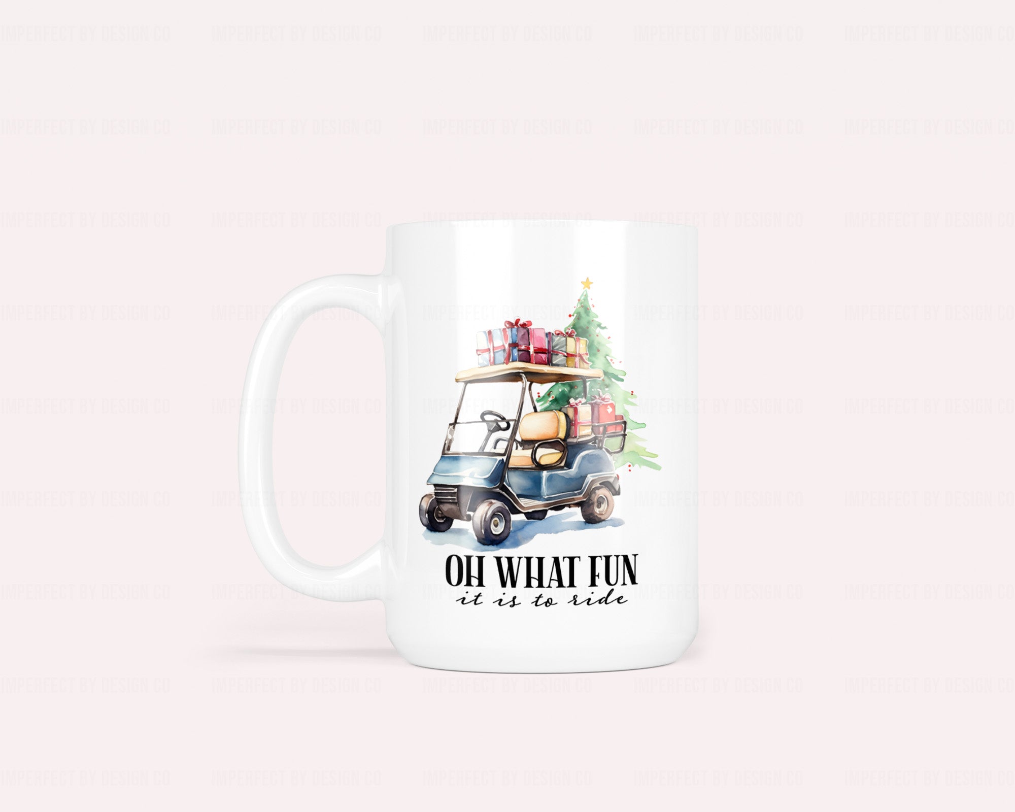 15oz ceramic coffee mug with festive blue golf cart carrying Christmas tree & gifts. "Oh What Fun it is to ride"