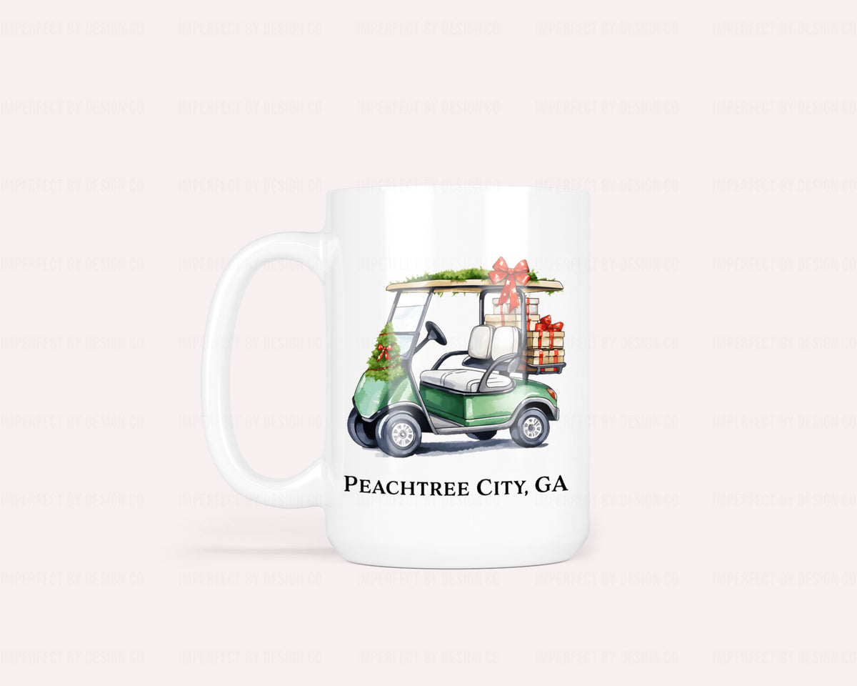 Personalized Green Christmas Golf Cart - 11oz or 15oz Ceramic Mug