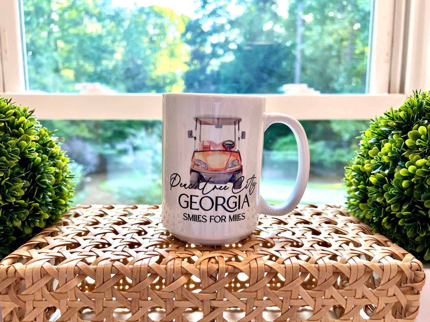 15oz Ceramic Coffee Mug - Golf Cart & Script "Peachtree City" Design | Smiles for Miles | Georgia Souvenir