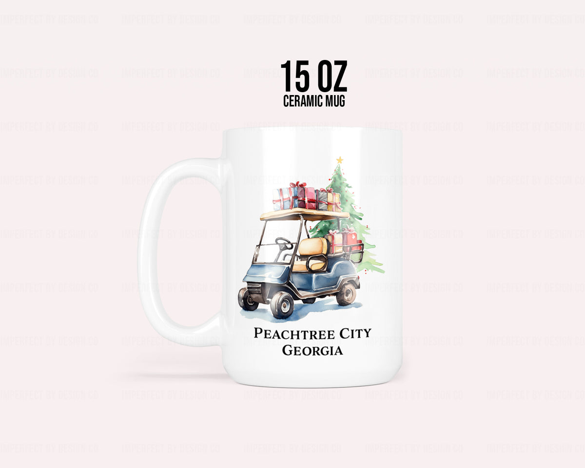 Personalized Green Christmas Tree, Golf Golf Cart - 11oz or 15oz Ceramic Mug