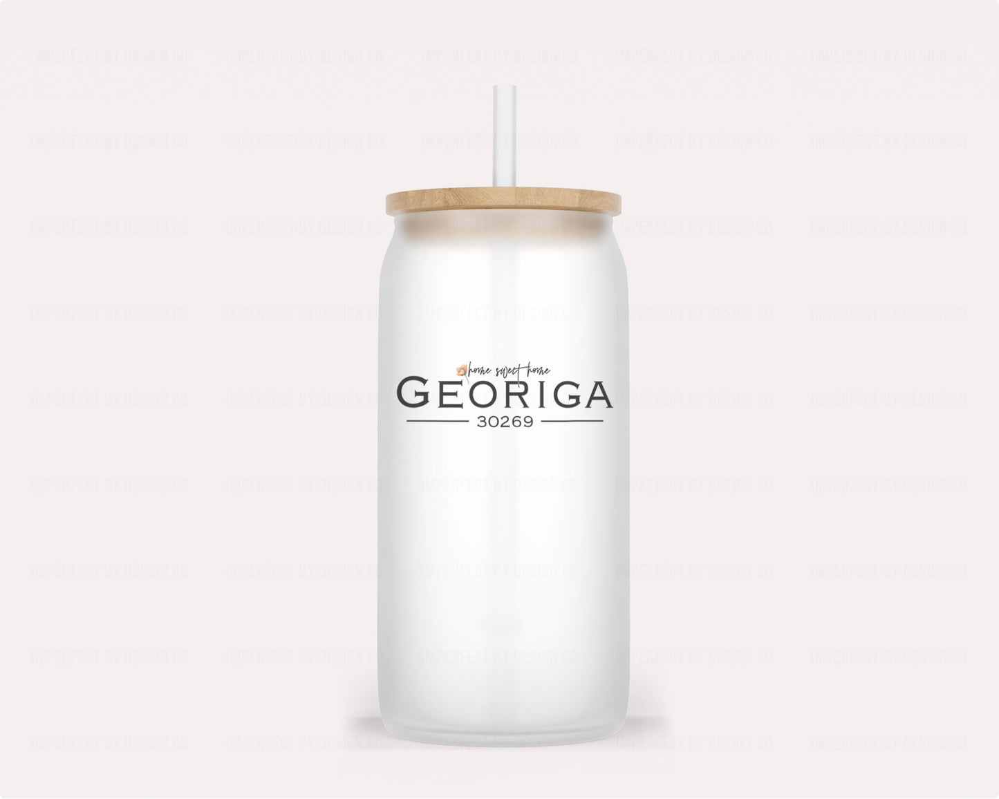 16oz Eco-friendly glass tumbler shaped like a soda can with "Home sweet home Georgia 30269" text and reusable plastic straw | imperfect by design co