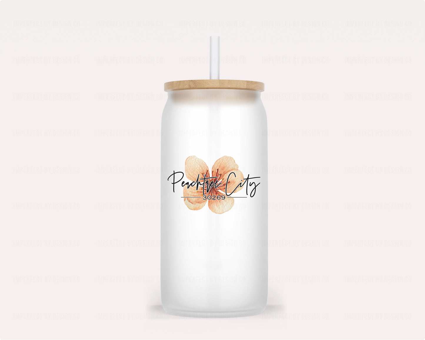 16oz frosted glass tumbler with a Peachtree City 30269 graphic featuring a large peach blossom | imperfect by design co