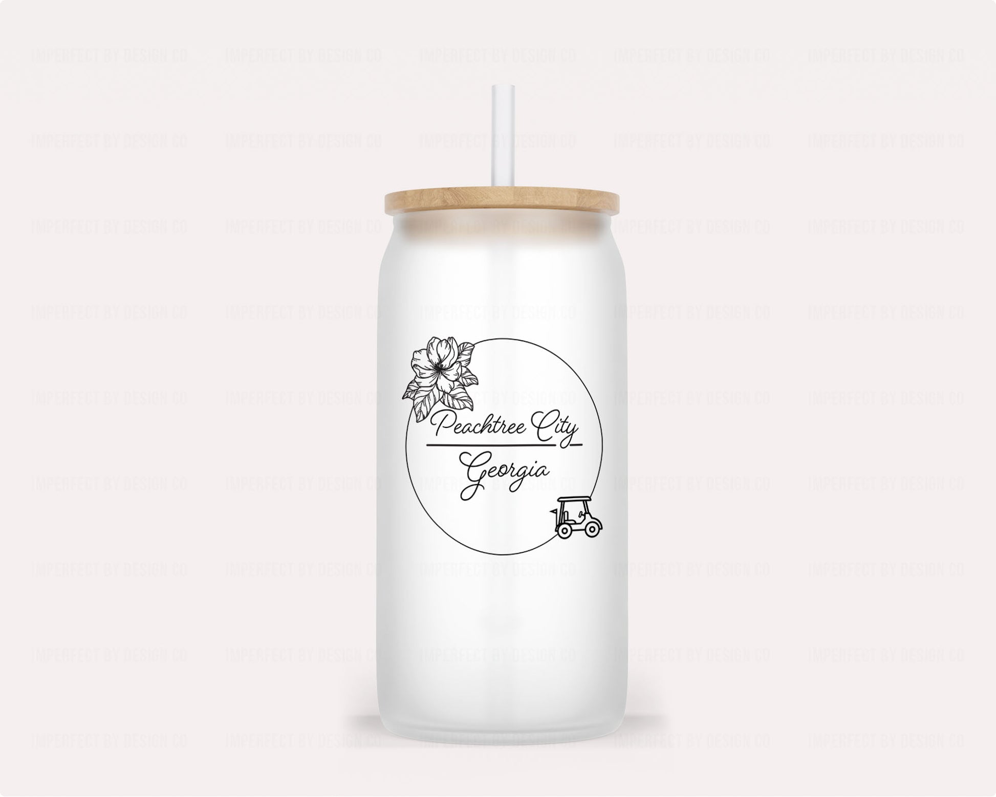 16-ounce frosted glass tumbler with magnolia blossom and golf cart design, bamboo lid, and reusable straw | imperfect by design co