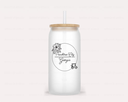 16-ounce frosted glass tumbler with magnolia blossom and golf cart design, bamboo lid, and reusable straw | imperfect by design co