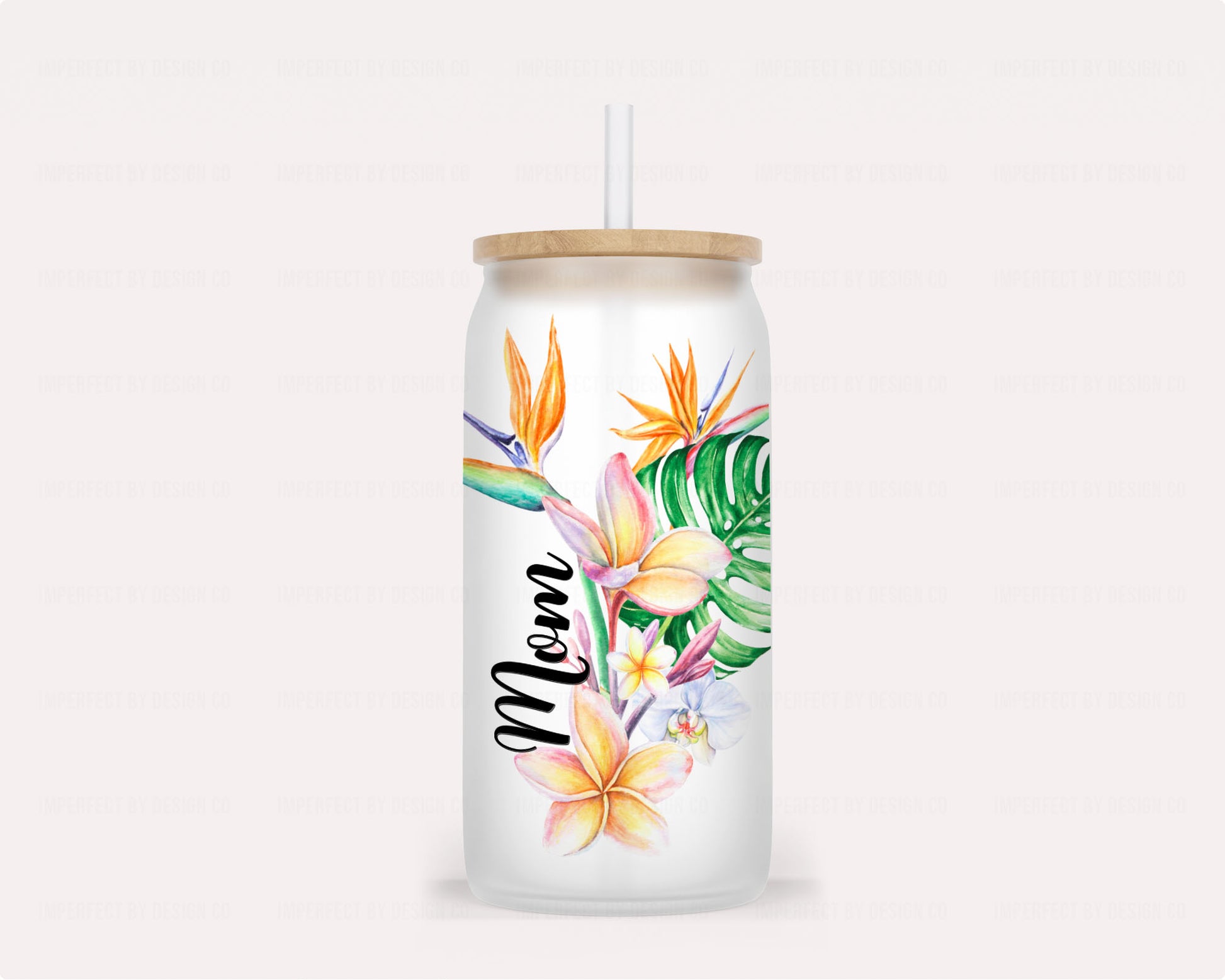 16oz Personalized tropical bouquet glass tumbler with bamboo lid and reusable straw | imperfect by design co