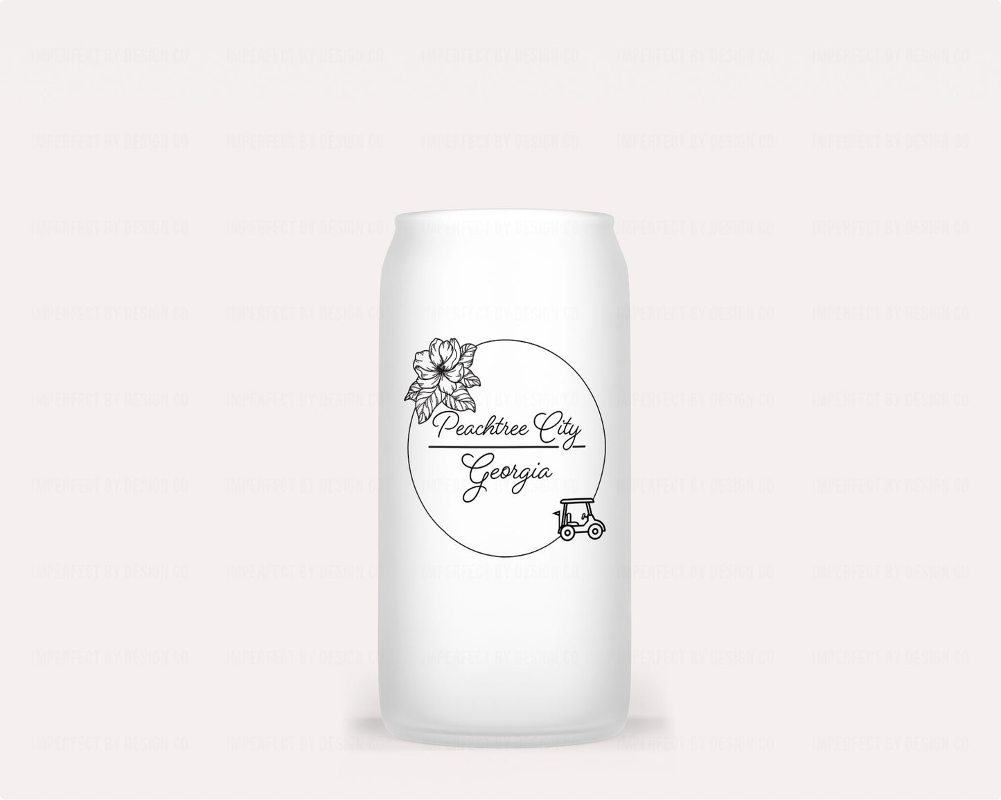 Eco-friendly glass tumbler with Peachtree City Georgia script font and elegant floral motif | imperfect by design co