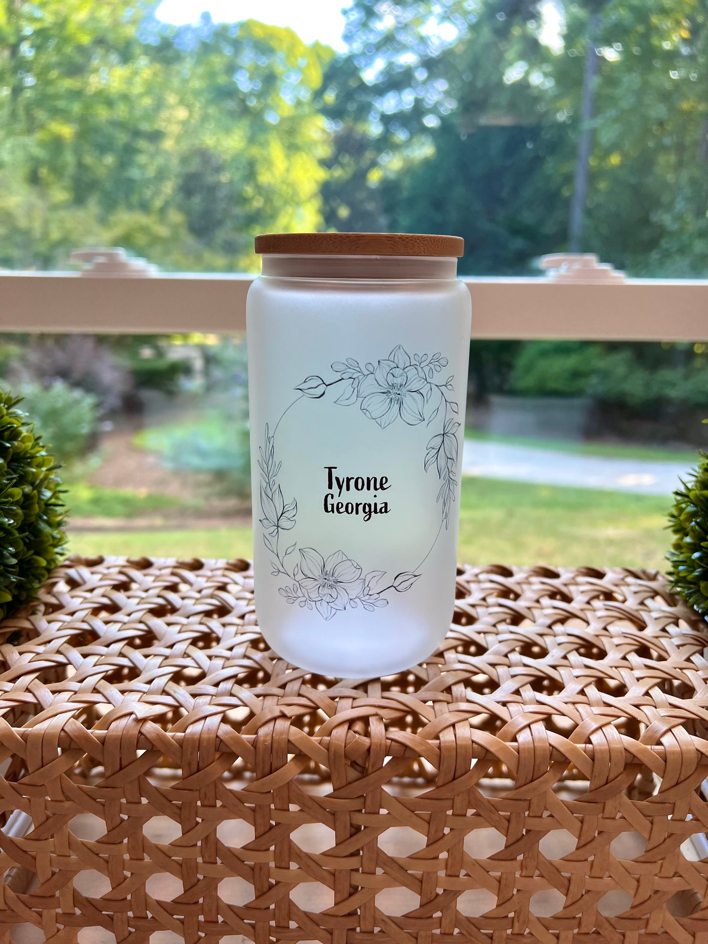 Personalized Frosted Glass Tumbler – Elegant Floral Motif with Your Chosen City and State