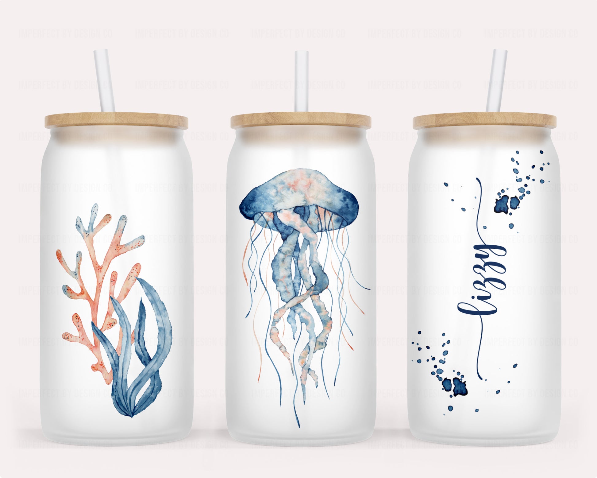 Eco-friendly bamboo lid and reusable straw tumbler watercolor jellyfish personalized | imperfect by design co