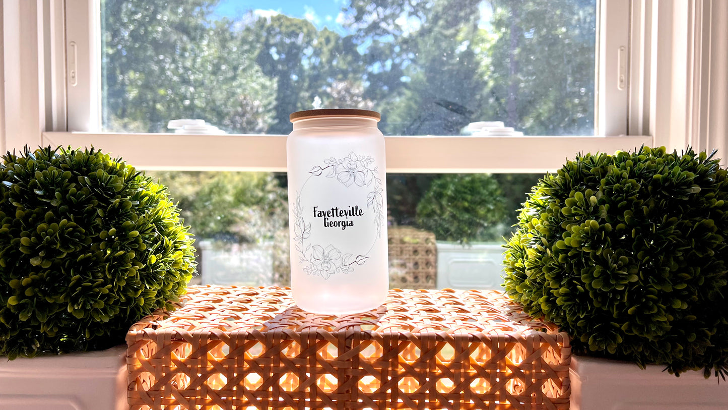 Personalized Frosted Glass Tumbler – Elegant Floral Motif with Your Chosen City and State