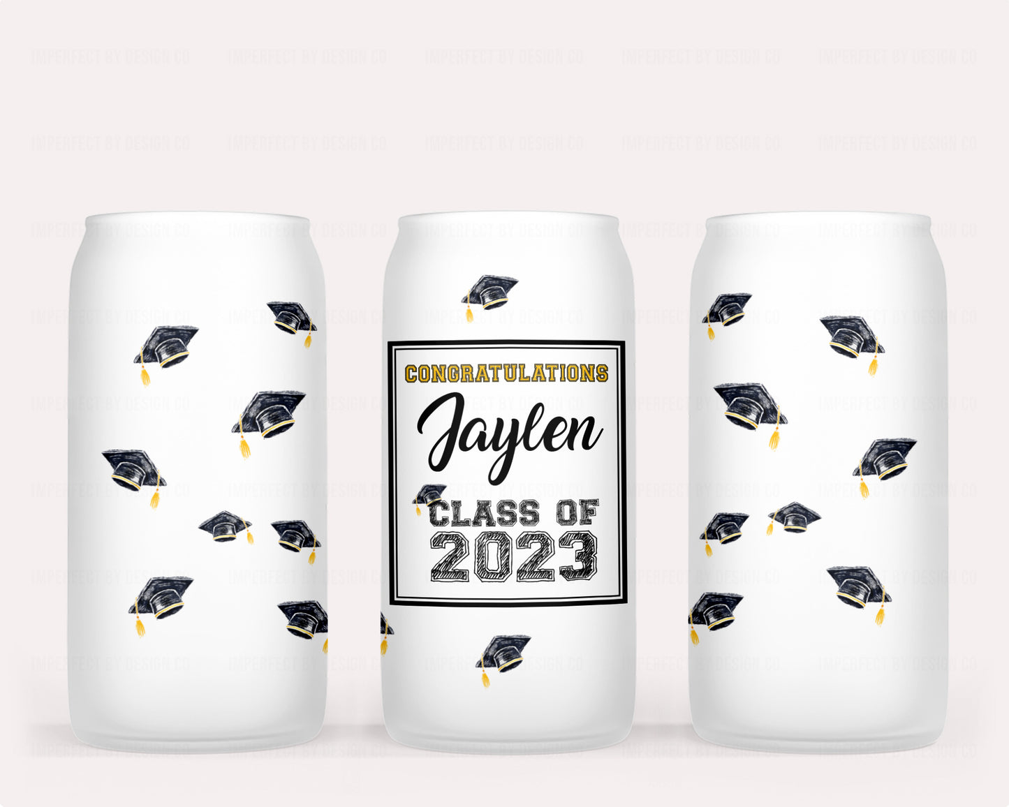 Graduation glass tumbler featuring "Congratulations" First Name and "Class of 2023” and graduate caps | imperfect by design co