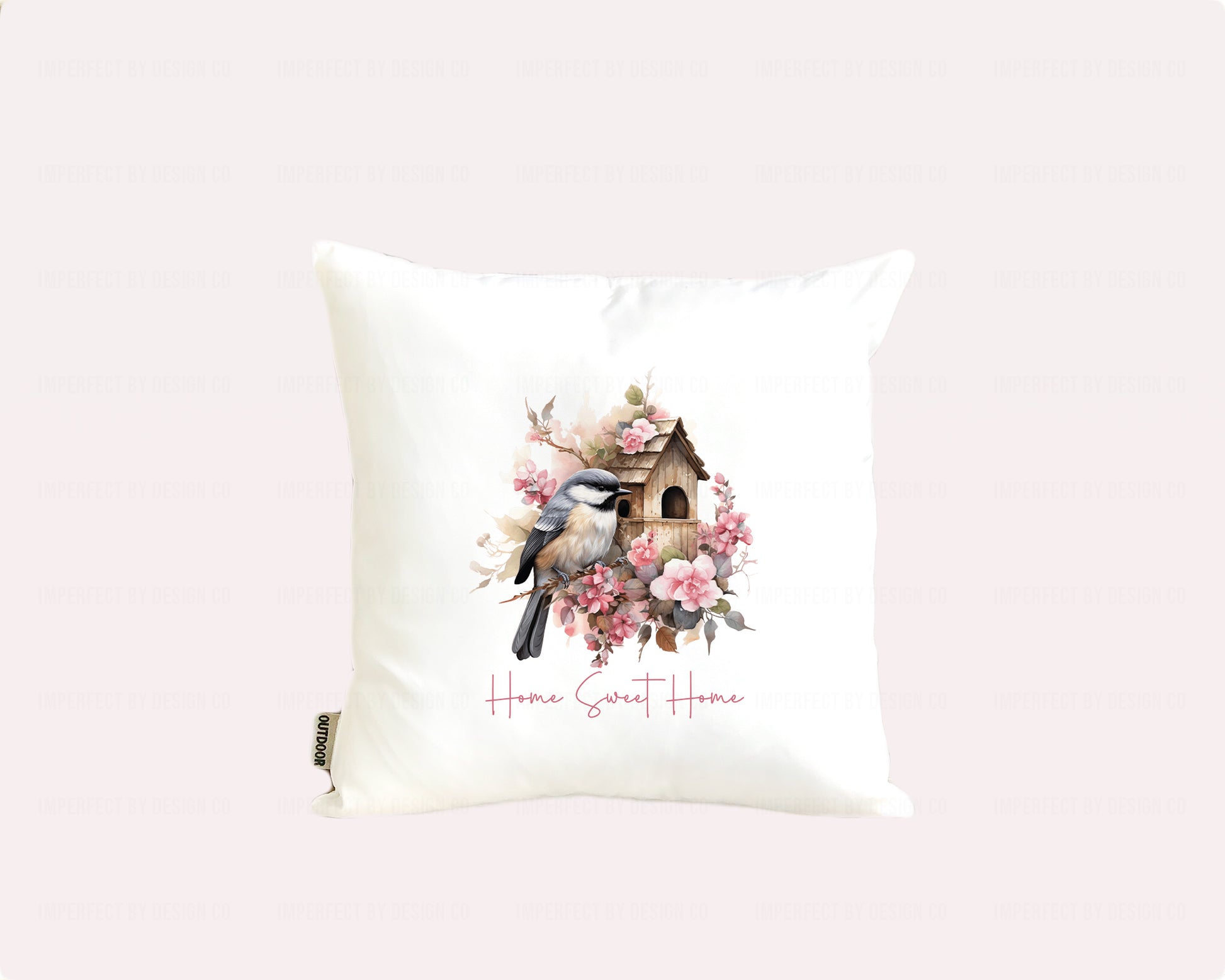 16x16 inch Decorative pillow cover featuring a Chickadee with a birdhouse and floral design on a white background. Text on pillow cover read 'Home Sweet Home' | imperfect by design co 
