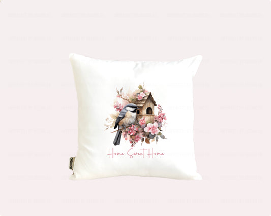 16x16 inch Decorative pillow cover featuring a Chickadee with a birdhouse and floral design on a white background. Text on pillow cover read 'Home Sweet Home' | imperfect by design co 