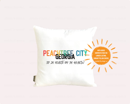 Peachtree City 16x16 Outdoor Pillow with 'Peachtree City' and Latitude/Longitude Print | imperfect by design co
