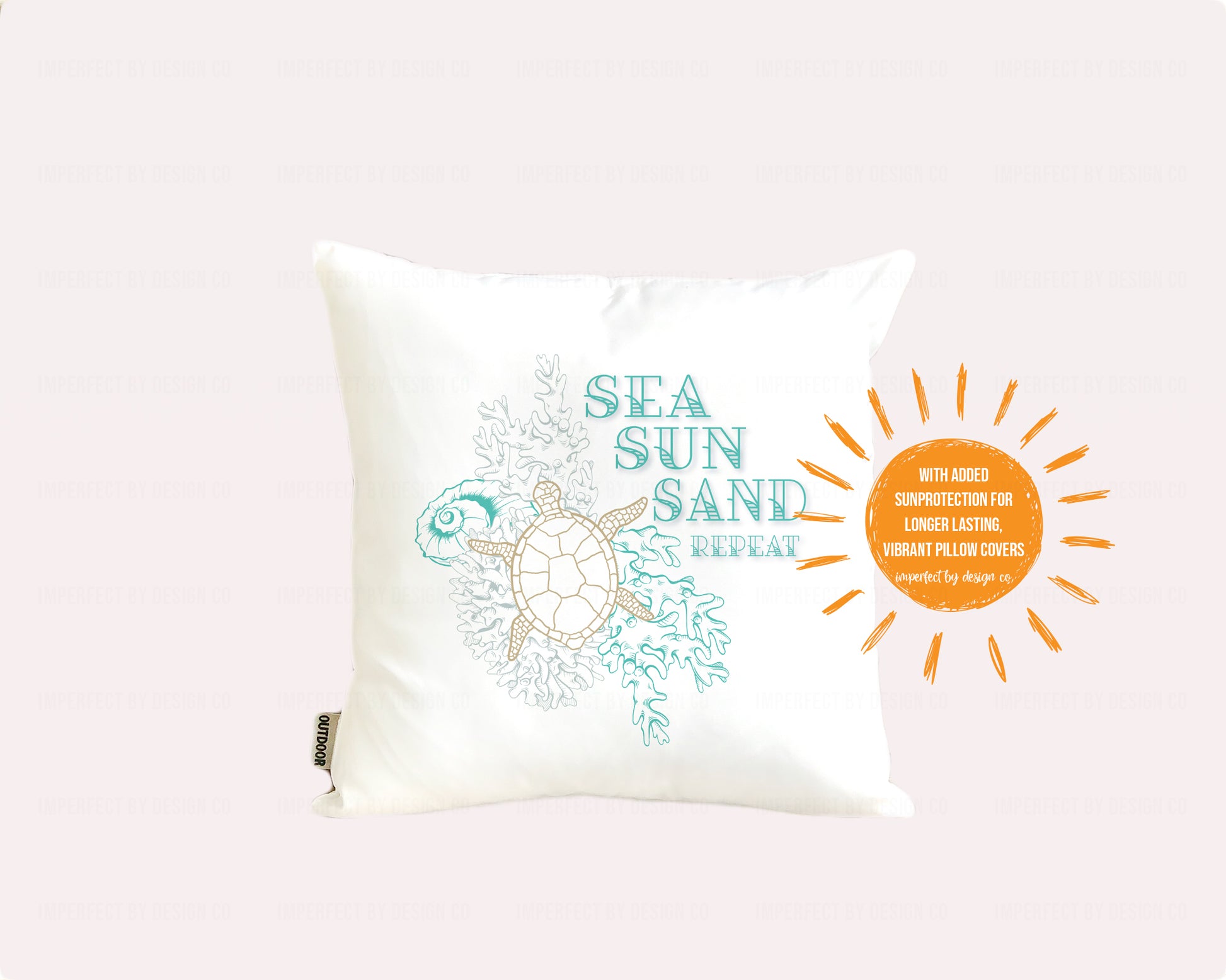 Decorative pillow with turtle design, 'Sea Sun Sand Repeat' text, and sun graphic on a white background.