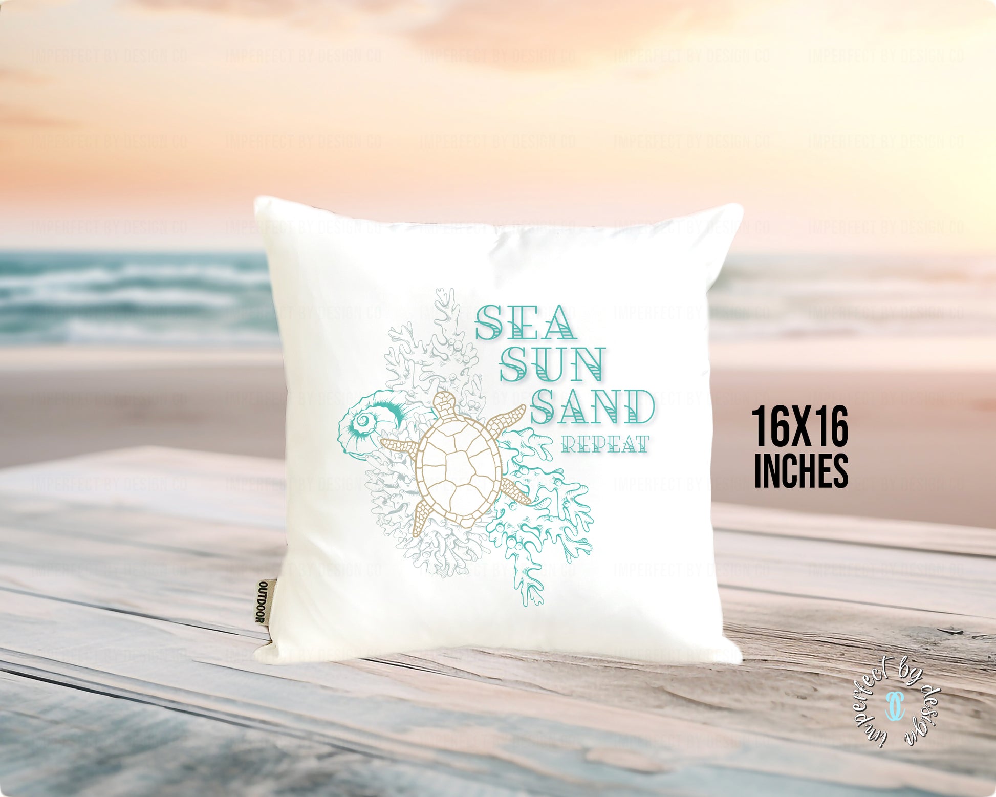 16x16 Decorative pillow cover with turtle design and text 'Sea Sun Sand' on a beach table setting