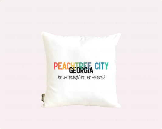 White 16x16 Outdoor Pillow with 'Peachtree City' and Latitude/Longitude Print | imperfect by design co