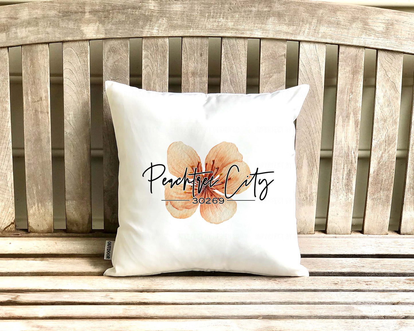 White Outdoor Pillow with Peach Blossom Graphic and Zip Code 30269 | imperfect by design co