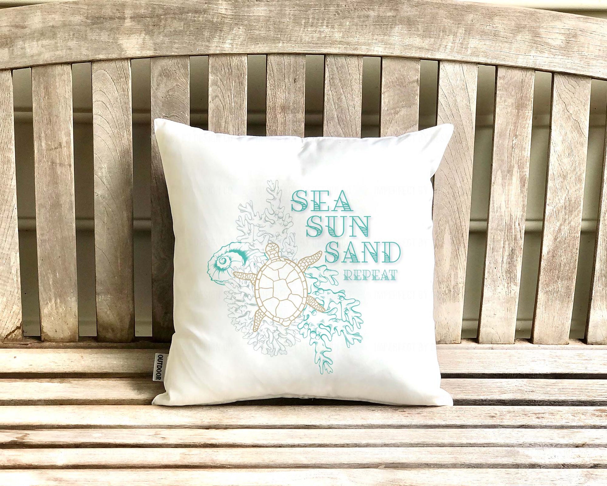 Loggerhead sea turtle Coastal outdoor pillow with SEA SAND SUN REPEAT design | imperfect by design co