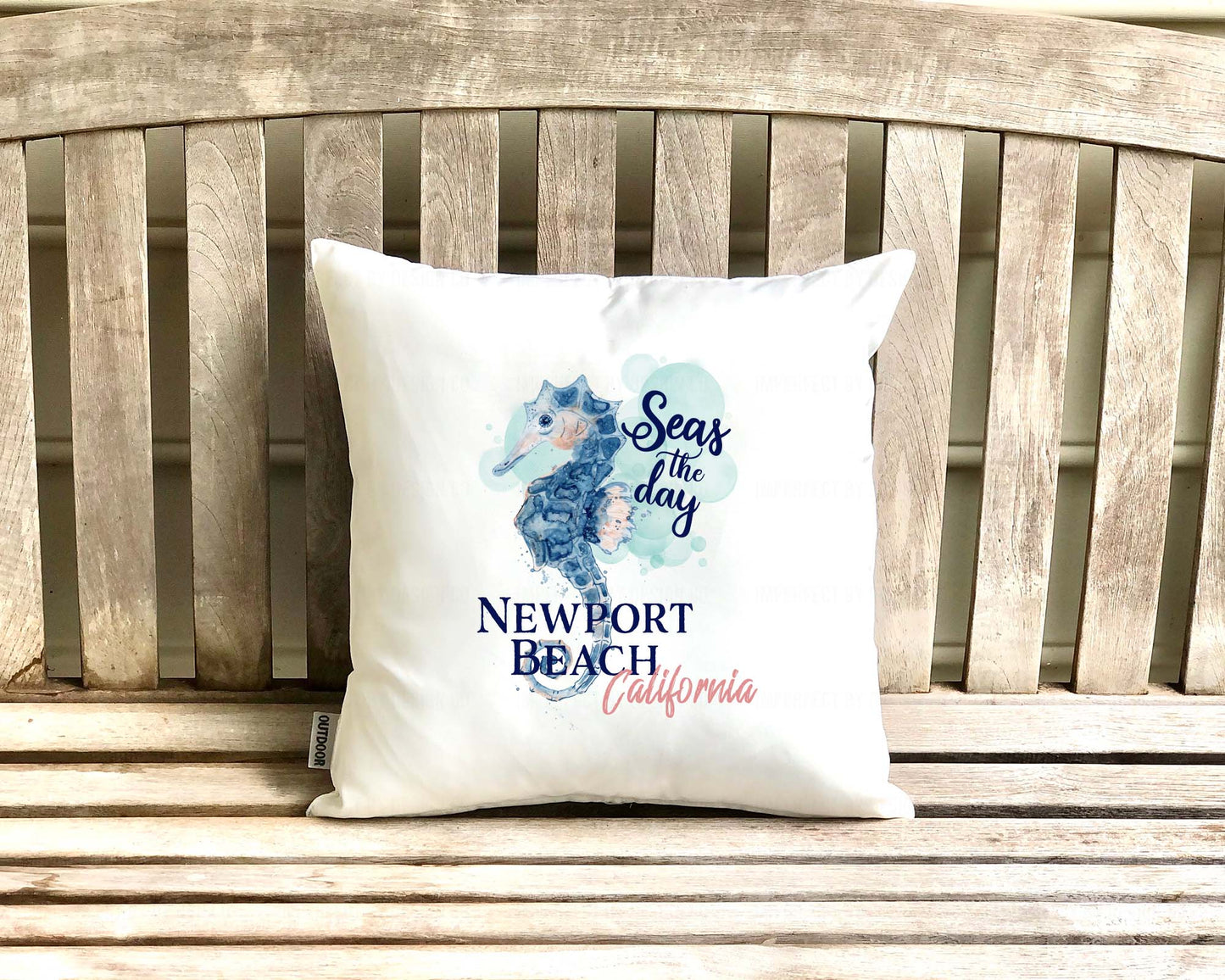 Coastal vibes outdoor pillow with aqua seahorse and 'Seas the day' text with city and state | imperfect by design co