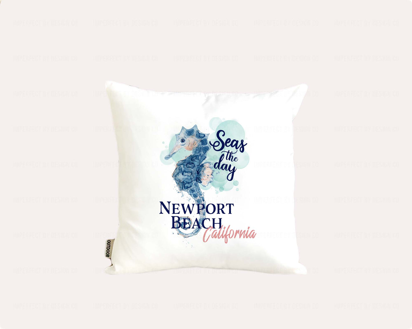 16x16 white pillow cover with watercolor seahorse and personalized city and state text | imperfect by design co