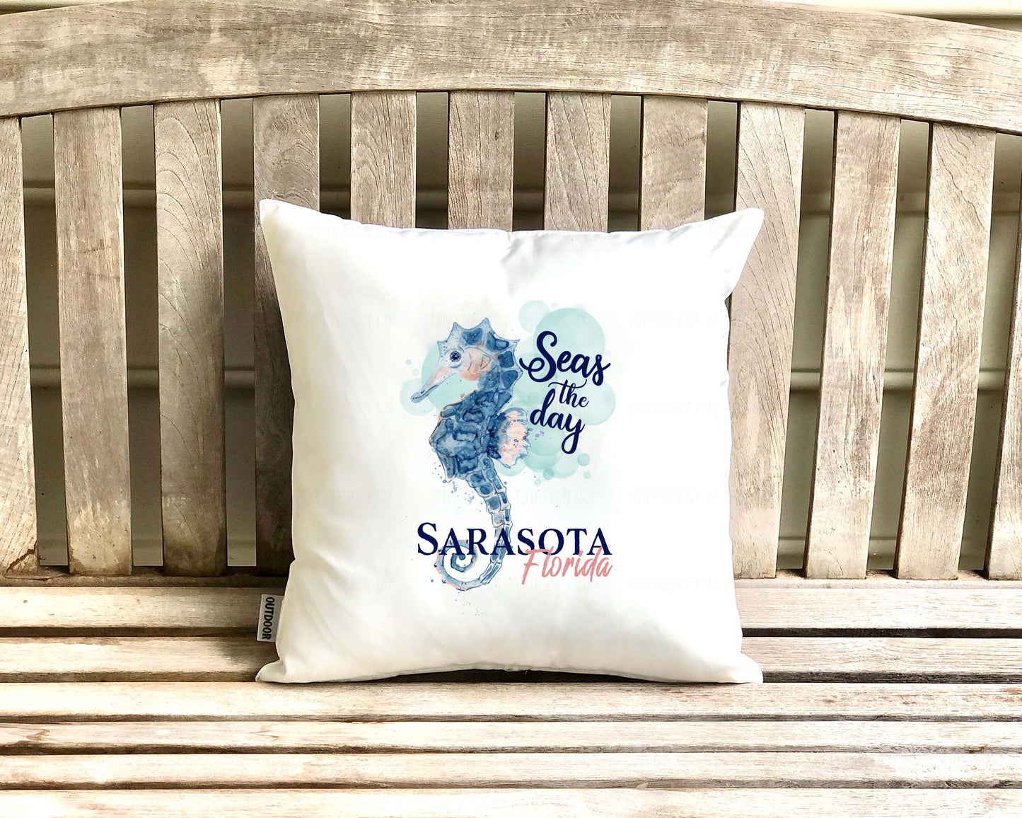 Watercolor Seahorse and bubble design on white outdoor pillow cover - personalized with city and state | imperfect by design co