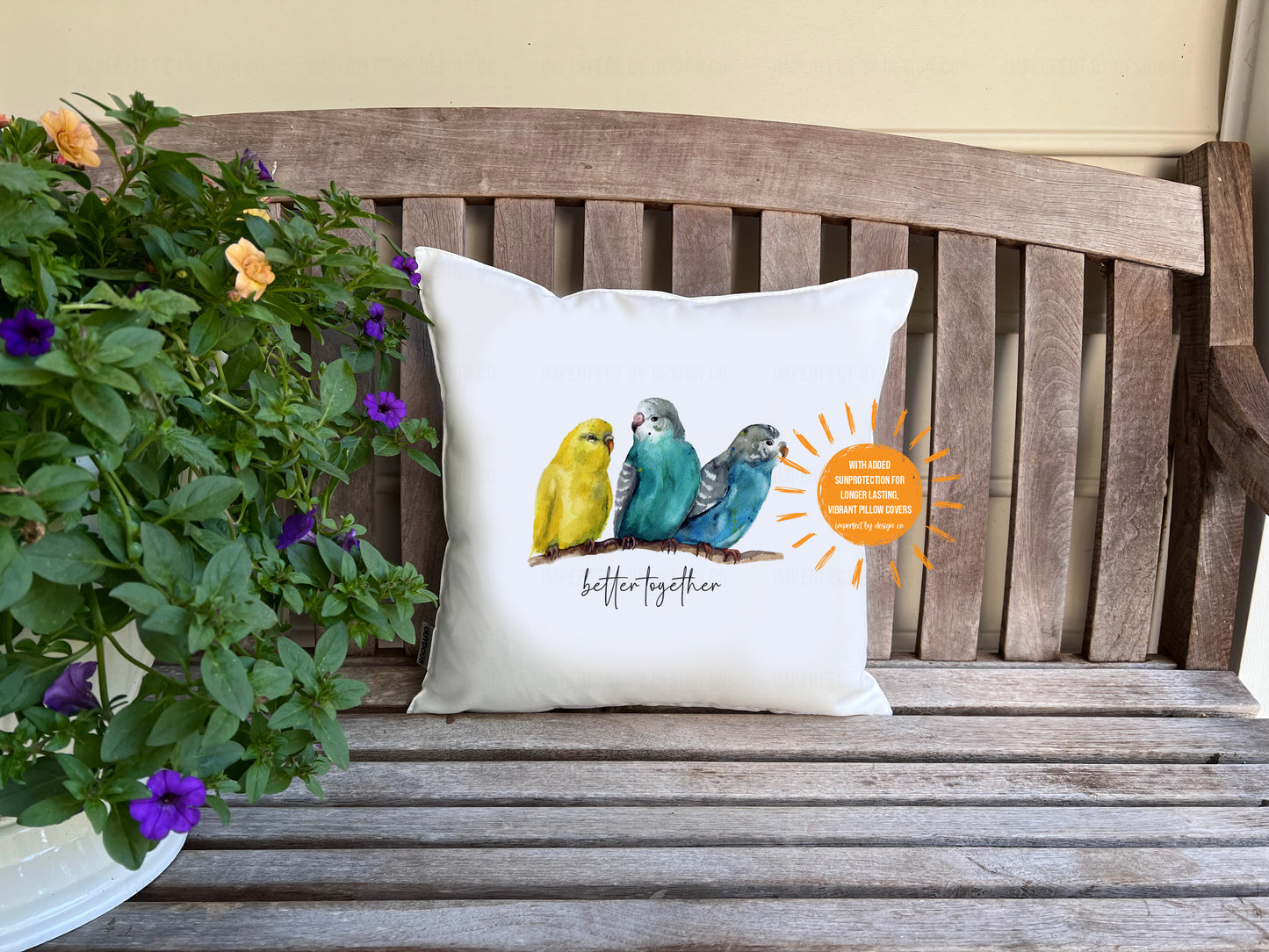 Budgie Trio 'Better Together' Porch Pillow Cover