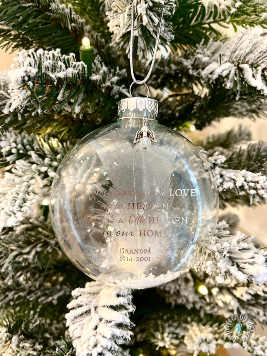 Close-up of Silver Metallic Text on Memorial Ornament – Close-up view showing the elegant silver metallic text "Because someone we love is in heaven there is a little heaven in our home," with a personalized name and years of life floating inside the glass.