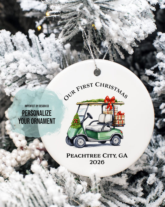 Personalized "Our First Christmas" Golf Cart Shatterproof Ornament | Double-Sided