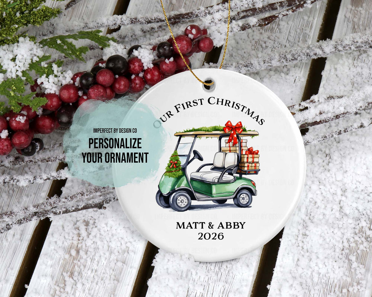 imperfect by design co exclusive ornament
Blue blurb reading 'Personalize your Ornament' Round white ornament with a green golf cart and Christmas packages. Personalized text reads 'Matt & Abby 2026'