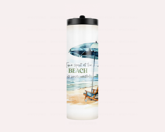 20oz Skinny Tumbler - Palm Trees & Flamingo Beach Design | "Time Spent at the Beach is Never Wasted"