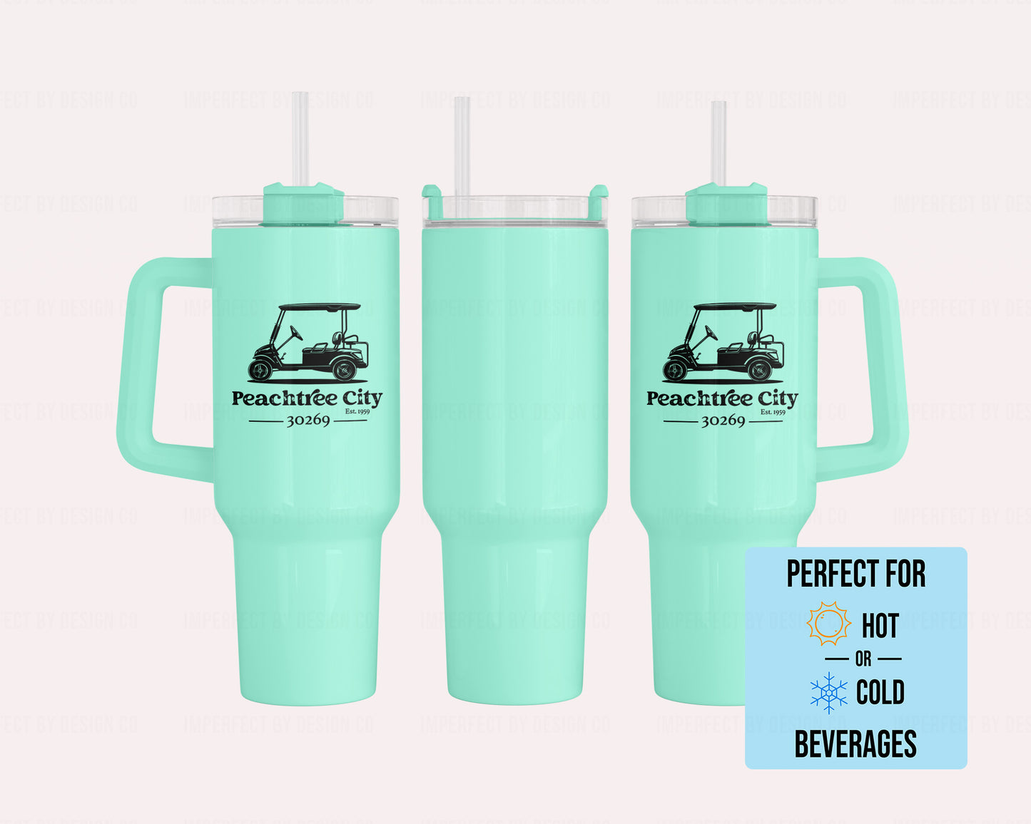 40oz Turquoise Double Side Printed (Front and Back) Stainless Steel Tumbler featuring Golf Cart graphic distressed ext on tumbler reads 'Peachtree City' 'Est. 1959' '30269' Text blurb read 'Perfect For Hot or Cold Beverages'